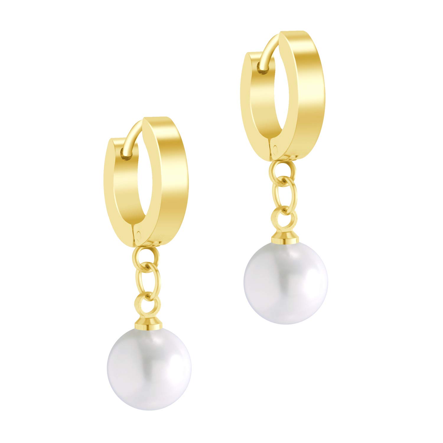555Jewelry Stainless Steel Huggie Dangle Earrings, Cartilage Earring Dangle, Hoop Dangle Earrings for Women, Dainty Pearl Drop Charm Hoops for Ladies, Gold