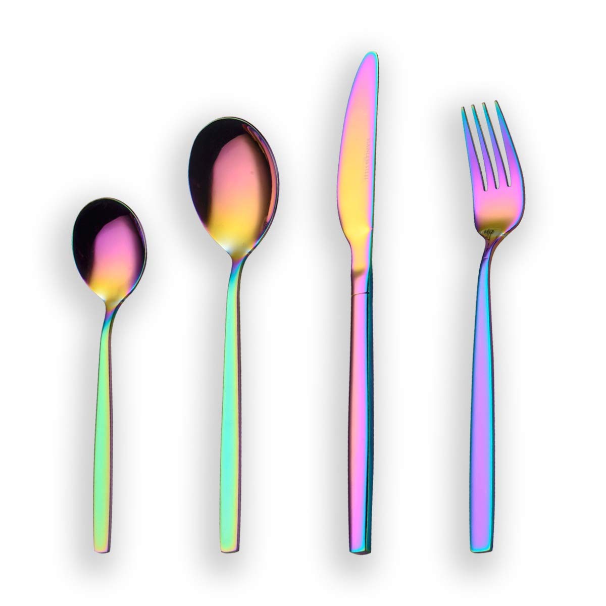 Berglander 24 Piece Titanium Rainbow Color Plated Stainless Steel Cutlery Set, 24 Pieces Colorful Flatware Set, Mutil Color Silverware Set Cutlery Sets, Service for 6 (Shiny Rainbow)