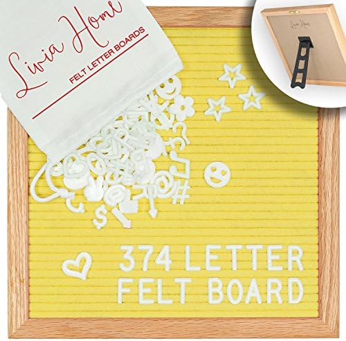 Letter Board - Yellow Felt with 374 Plastic Changeable Characters - Solid Oak Frame 10 x 10 inch Square - With 7x5 inch Canvas Storage Bag - Vintage Desktop Display by Livia Home