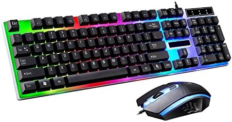 HKFV Superb Unique Design LED Rainbow Color Backlight Adjustable Gaming Game USB Wired Keyboard Mouse Set Marvellous Playing Computer Games Feeling Comfortable Soft Multifunction (Black With Mouse Set)