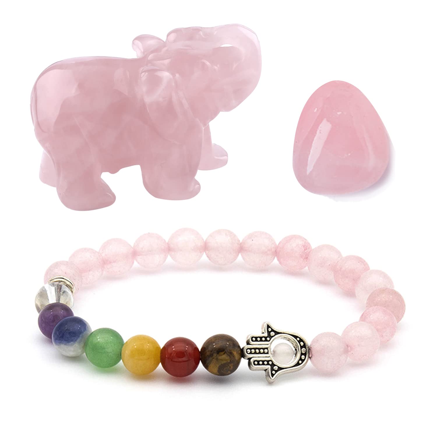 Soulnioi 1pc Rose Quartz Elephant Crystal Sculpture Statue Gemstone Figurines Crafts(3cm), 1pc Pink Crystal Polished Stone, 1pc Rose Quartz Fatima Pink Stones Palm Bracelet 7 Chakra Beaded Bracelet