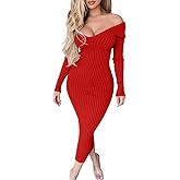 BEAGIMEG Women's Sexy Long Sleeve Off Shoulder Knit Bodycon Long Dress