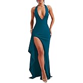 LAGSHIAN Women's Sexy Deep V Neck Halter High Split Backless Cocktail Party Formal Maxi Dress