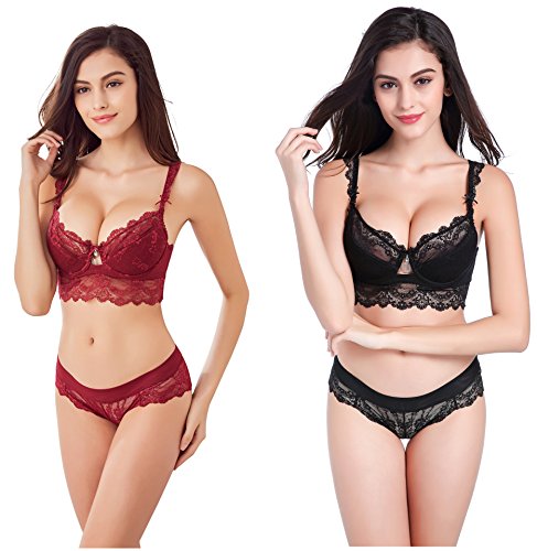 Varsbaby Women's Push Up Embroidery Bras Set Lace Lingerie Bra and Panties, Size 32A, Red and Black