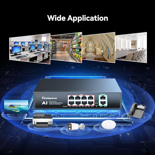 Tenveo Power Over Ethernet Switch PoE+ 8 Gigabit Ports, 120W, 2 Uplink, Smart Management, VLAN, Metal Housing - Ideal for IP Cameras, Streaming and Business Networks