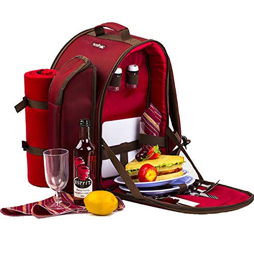 Apollowalker, roter Picknickrucksack für 2 Personen, Korb mit Kühltasche, inkl. Geschirr und Fleece-Decke