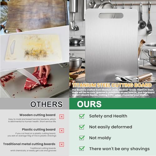 Tabla de cortarGHFGJH 3 Piezas Titanium Cutting Board ，Tablas para Picar Cocina de Acero Inoxidable 304,Tablas de Cortar de Titanio 100% Puro de doble cara,higiene y durabilidad,Apto para cocina