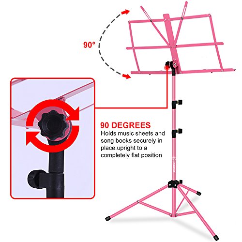 Music Stand, Kasonic Professional Collapsible Orchestra Portable and Lightweight with LED light, Music Sheet Clip Holder and Carrying Bag Suitable for Instrumental Performance (Pink)