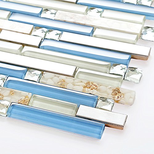 TST Glass Inner Conch Tile Beach Style Blue Cream White Brushed Steel Art Mosaic Kitchen Backsplash Bath Decor TSTNB06 (1 Sample 12x12 Inches) - Thumbnail 3