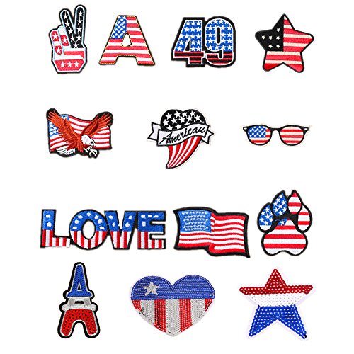 13pcs Red White and Blue American Flag Iron on Patches Patriotic Embroidered Patches Appliques for DIY Motif Clothing Accessory Independence Day