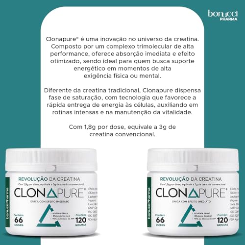 Clonapure® Creatina de Efeito Imediato 120g | 66 Doses | Alta Absorção | Vegana | Sem Glúten e Lactose Performace Treinos