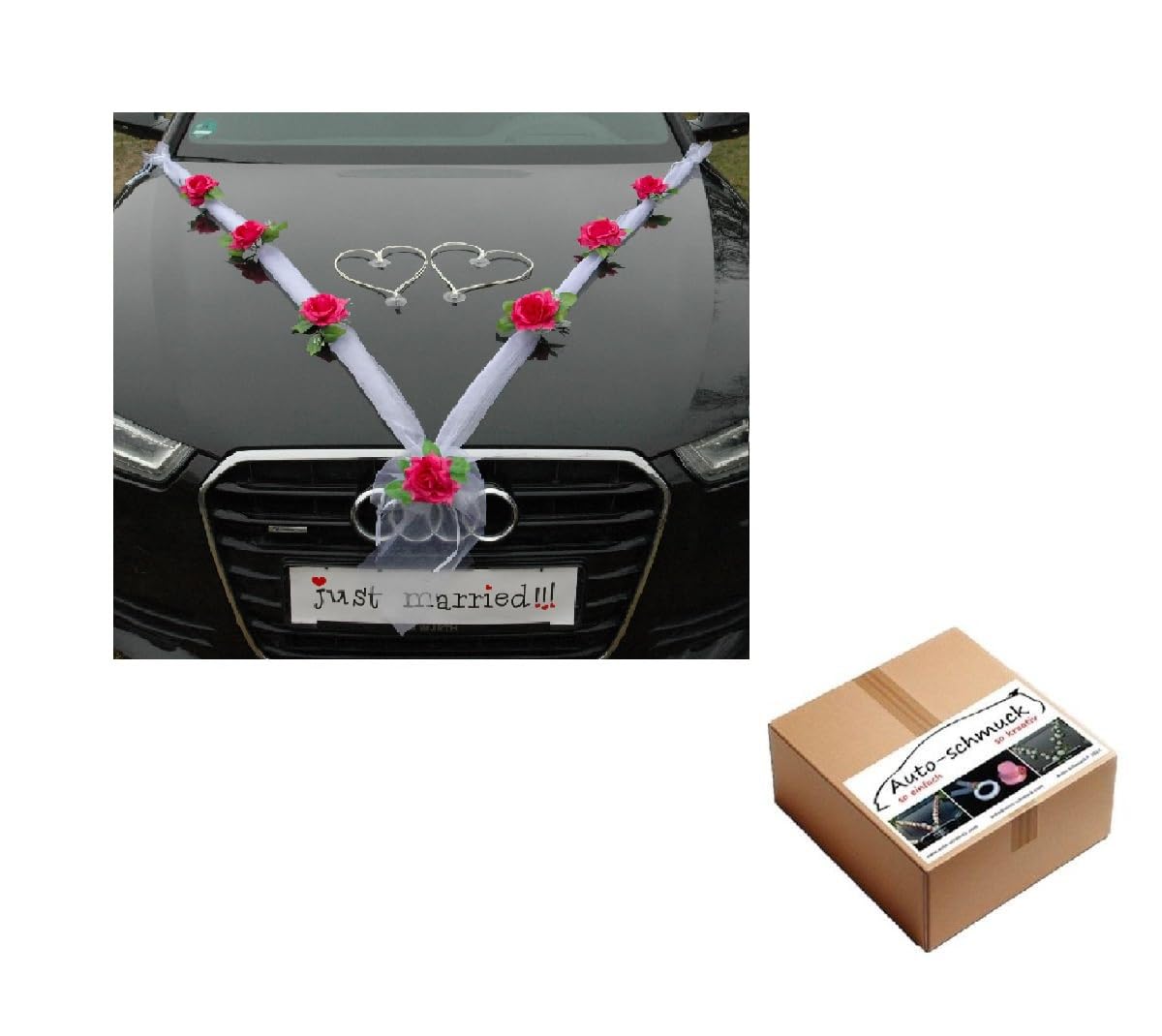 ORGANZA M + HERZEN Braut Paar Rose Deko Dekoration Autoschmuck Hochzeit Car Auto Wedding Deko Ratan Girlande ®Auto-schmuck PKW (Pink/Weiß Weiß)