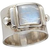 QUSIIOSLK 925 Sterling Silver Square Cut Moonstone Wide Band Ring Boho Vintage Rainbow Natural Moonstone Statement Solitaire Ring Retro Jewelry Gift for Women 7