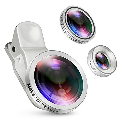 AMIR For iPhone Lens, 0.4X Wide Angle Lens + 180Â°Fisheye Lens & 10X Macro Lens (Screwed Together), Cell Phone Lens for iPhone Camera Lens for iPhone 7 Plus, 8, 7, 6s, Samsung & Smartphones(Silver)