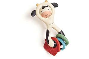 Itzy Ritzy Spinner Rattle Toy – Cow Design Sensory Teething Rattle Includes Spinning Face, Clicks, Rattles & Textured Teethers; Designed for Ages 3 Months and Up (Cow)