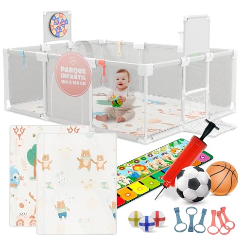 Baby Playpen 120x180 cm - Padded Baby Playpen - Equipped with musical mat, Velcro dartboard, basket, goal and more accessories - Safe Baby Playpen - See video for assembly