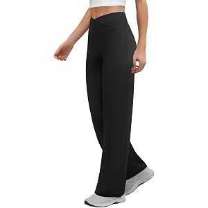 COPYLEAF Wide Leg Yoga Pants Women Crossover Waist Lounge Pants 2 Pockets | High Waist, Loose Causal Sweatpants, Stretchy Wor