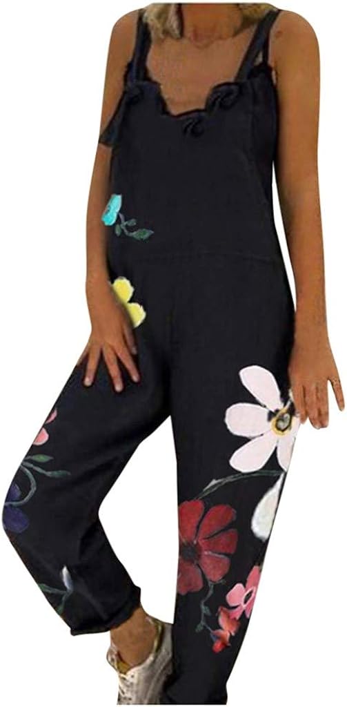 UOKNICE BLOUSE Women Daisies Print Romper Dressy Long Playsuit Knot Strap Button Jumpsuit: Clothing
