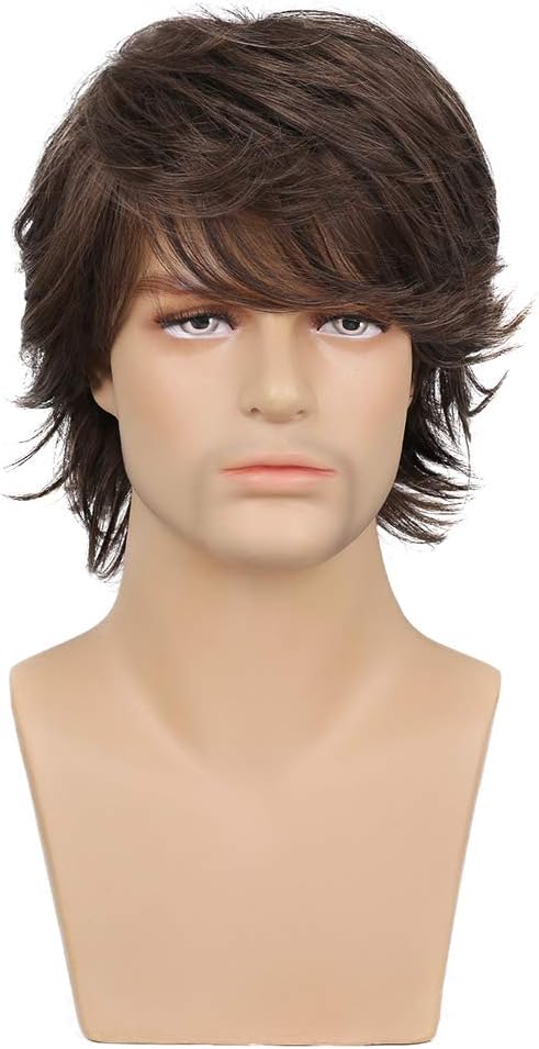 Mens Wig Brown Short Layered Natural Wave Synthetic Male Wigs with Bangs Halloween Cosplay Party Costume Daily - Image 3