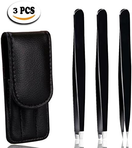 3 Piece Stainless Steel Tweezers Set with Travel Case - Slant Tweezers, Pointed Tweezers and Straight Tweezers for Eyebrow &amp; Ingrown Hair Removal - Professional Precision Tweezers