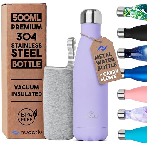 Nuactiv Stainless Steel Water Bottle 500ml, Vacuum Insulated Metal Flask, Leakproof, BPA Free, Reusable Sports Flask, Keeps Drinks Cold 24h & Hot 12h, for Gym, Travel, Work & School
