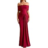 GLNEGE Off The Shoulder Formal Wedding Guest Maxi Dress for Women Fall Elegant Ruched Bodycon Cocktail Party Long Dresses
