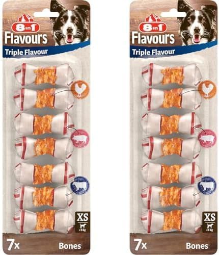 8in1 Triple Flavour Bones XS - chewy dog bones with chicken fillet, pork hide and beef hide, 7 pcs. (Pack of 2)