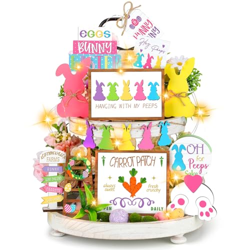 Photo 1 of Menkxi 15 Pcs Easter Spring Tiered Tray Decor Set Bunny Wooden Table Sign Easter Tiered Tray Decorations Farmhouse Tabletop Sign for Home Kitchen(Bunny)