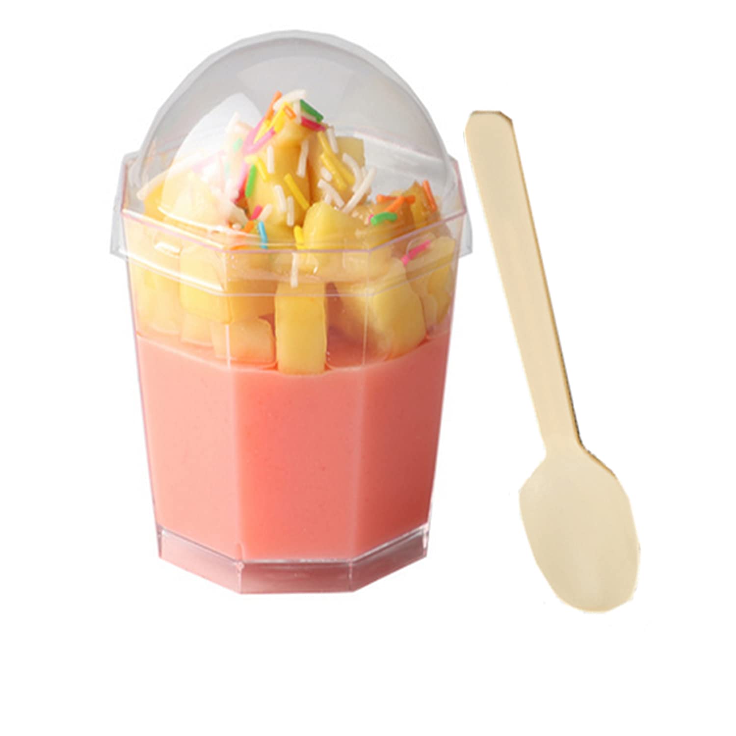 DongAi 25 Packs of 6-Ounce Transparent Plastic Dessert Cups, Octagonal Mini Bowls, Reusable Appetizer Cups with 25 Tablespoons and Lids, Wedding Bowls, Etc. (180ml)
