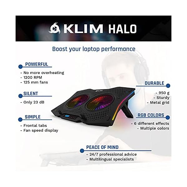 KLIM-Halo-Laptop-Cooling-Stand-with-RGB-backlighting-11-17-Gaming-Laptop-Cooling-Pad-For-Desk-USB-Powered-Fan-Very-Stable-And-Silent-Compatible-Mac-And-PS4-NEW-2021 KLIM Halo + Laptop Cooling Stand with RGB backlighting + 11" - 17" + Gaming Laptop Cooling Pad For Desk + USB Powered Fan + Very Stable And Silent + Compatible Mac And PS4 - NEW 2022