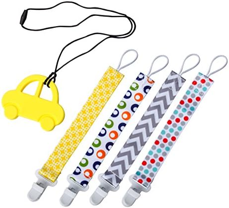 Plastic Loop Pacifier Clip Holder for Unisex | 4 Pack - Binkie Clips WITH Silicone Teething Toy | BabyTeething Necklace | Fun Baby Shower Gift Set