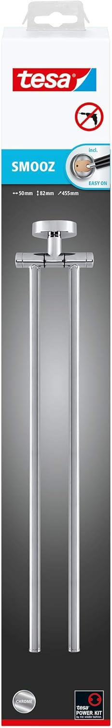 tesa® Smooz Two-Armed Towel Holder, high Gloss Chromed Metal, self-Adhesive, Adhesive mounting Technology, 82mm x 50mm x 455mm - Image 4