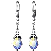 AOBOCO Vintage Earrings for Women Sterling Silver Retro Drop Dangle Leverback Earrings with 8x6mm Oval Genuine or Simulated Birthstone Crystal from Austria, Anniversary Jewelry Gifts for Her (Gift Box)