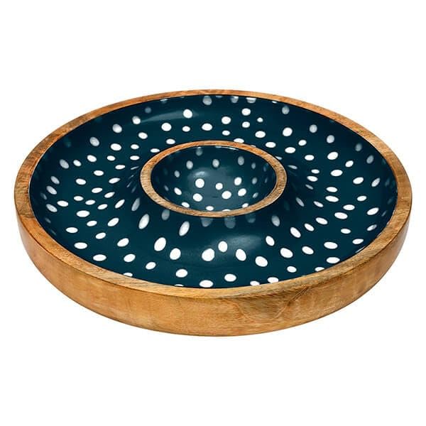 Dexam Sintra Mango Wood Spotted Chip and Dip Bowl - Ink Blue