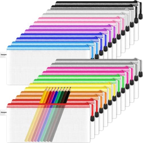 Smarpau Pencil Pouch Bulk, 24 Pack 12 Colors 9.3" x 4.7" Small Mesh