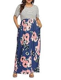 Allegrace Maxi vestido de patchwork a rayas, estampado floral, manga corta, para mujer