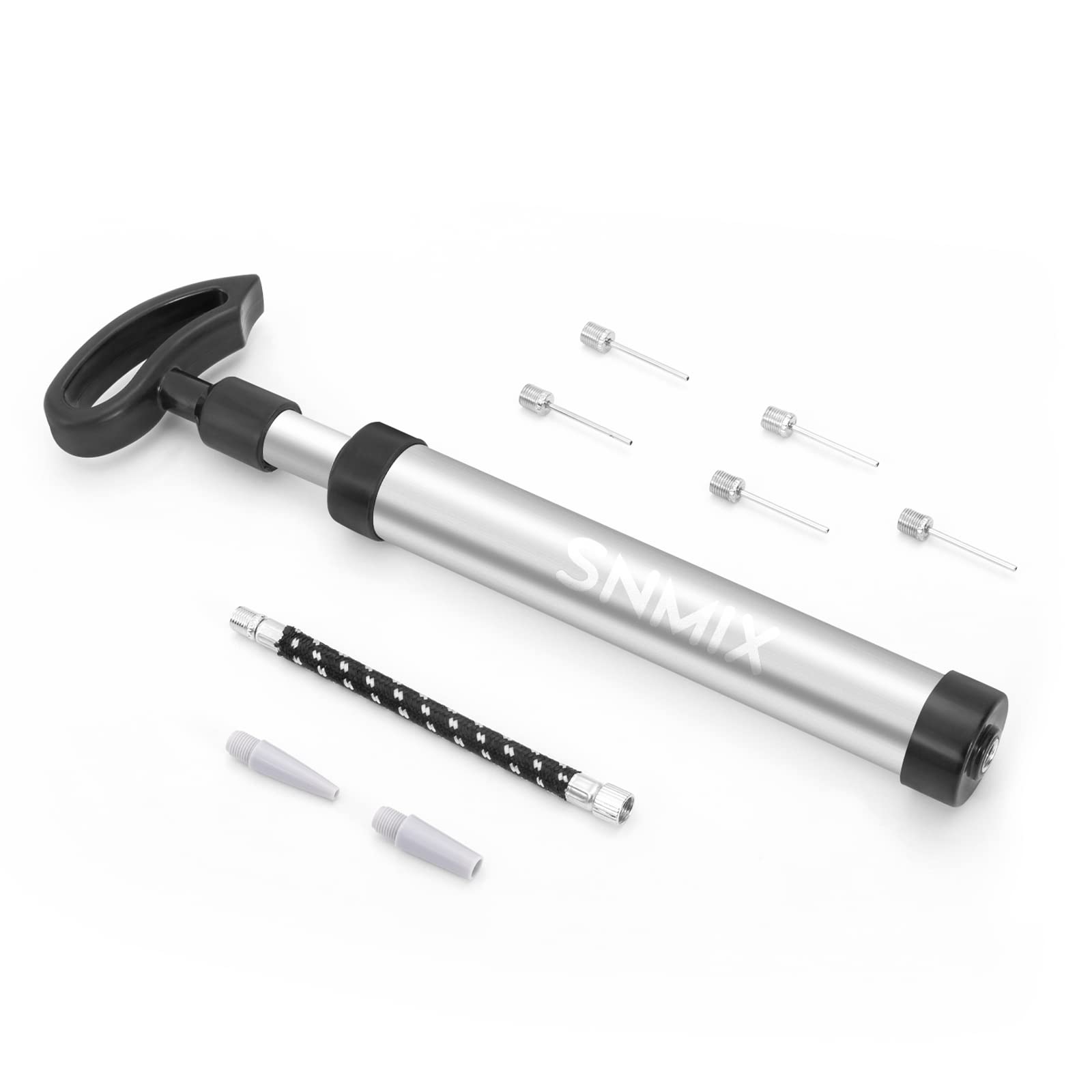 SNMIX Ball Pump with Needle, Nozzle and Extension Hose for Basketball, Football, Rugby Balls - Durable Aluminium-alloy Tube, Ergonomic Design, Fast Air Inflator, Silver