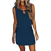 Womens Summer Causal Loose Sleeveless Crew Neck Drawstring Waist Mini Short Dress with Pockets