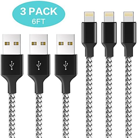 Lightning Cable,Canyso 3PACK (6FT) Nylon Braided+Fishing Line Charging Cable Cord Lightning to USB Cable Charger Compatible with iPhone 7/ 7 Plus/6/6s/6 plus/6s plus/ 5s/5c,iPad, iPod and More (White)
