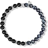 KARMA AND LUCK - Balanced Perspective - Men's Real Matte Onyx Blue Tiger's Eye 925 Sterling Silver Beaded Stretch 7" Bracelet Handmade in Bali To Help You Release Your Fears