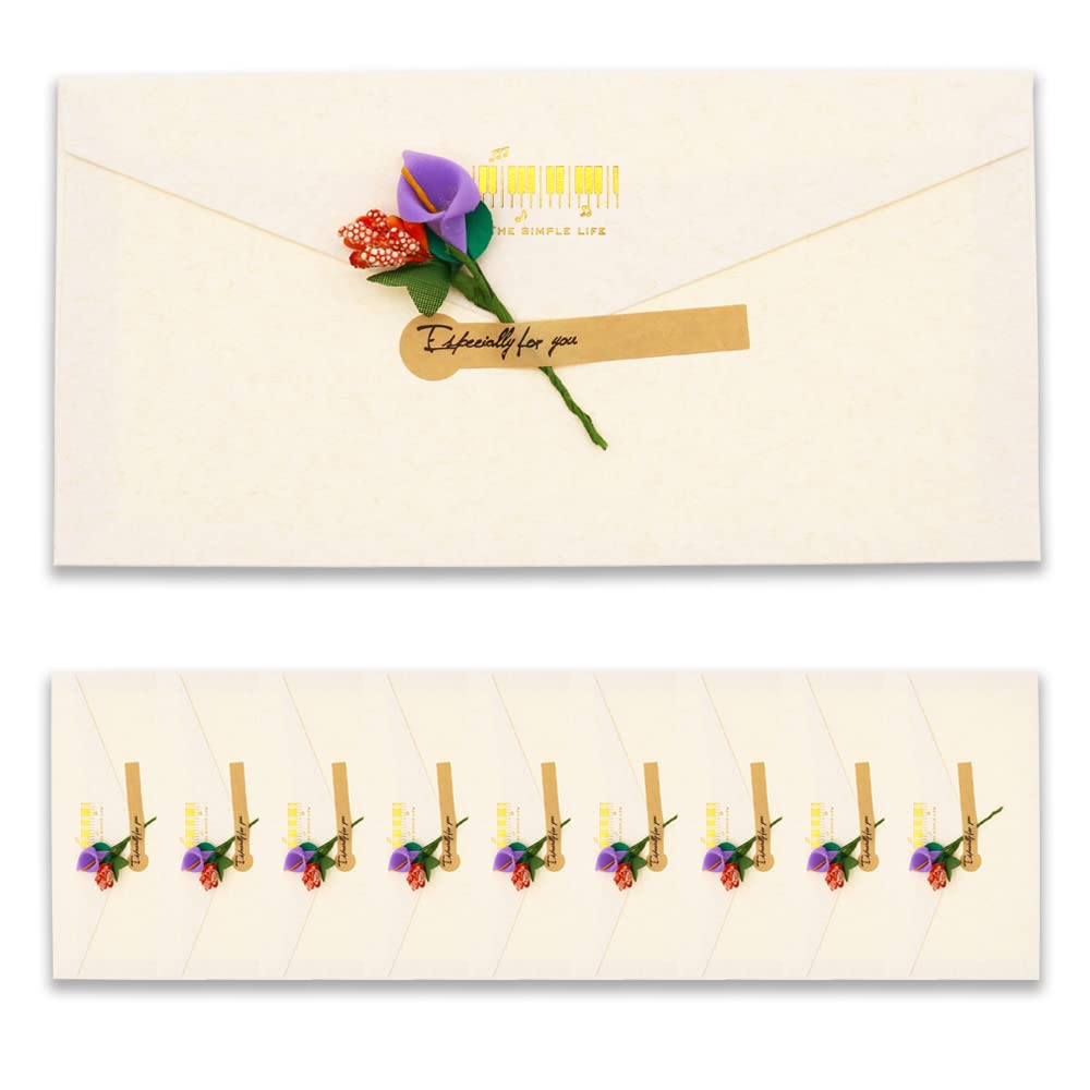 BITEYI 10pcs Fancy Envelopes with Greeting Cards Handmade Dried Flowers and Stickers,Vintage Kraft Paper Envelopes with Postcards (Off White)