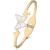 NEWEI Cute Butterfly Bracelet Bangle for Women Stainless Steel 18k Gold Plated Butterfly Charms For Bracelets Couple Butterflies Gifts (Butterfly A Gold)