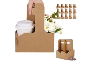 Bodaon 2 Cup Drink Carrier with Handle, 15 Pcs Cardboard Cup Holders, Disposable Drink Carriers for Delivery, Kraft Paper Coffee Cup Holder to Go, Take Out Cup Carriers for Hot/Cold Drinks