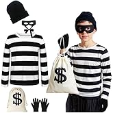 Eylola Kid's Robber Costume Set Cosplay Thief Accessories for Halloween Party Black and White Striped Knit Beanie Cap