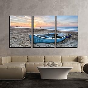 3 Piece Canvas Wall Art - Turquoise Blue Fishing Boat at Sunrise on Bournemouth Beach with Pier in Far Distance - Modern Home Art Stretched and Framed Ready to Hang - 16"x24"x3 Panels