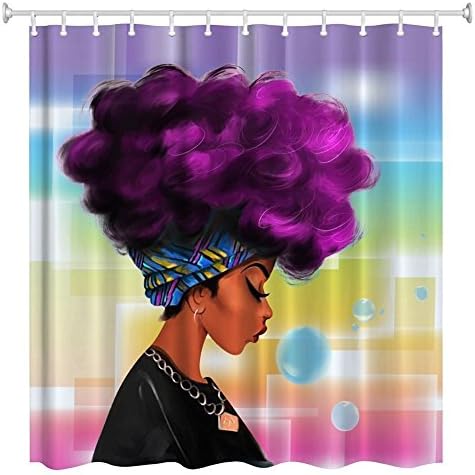 Afro Sexy Lady Purple Hair African Girl Shower Curtain，Fabric Bathroom Decor Set with Hooks，36"x72"