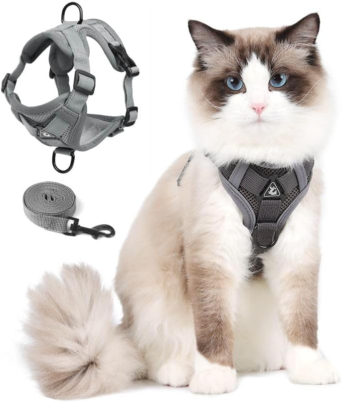 Cat Harness and Leash Set, Upgraded Escape Proof Adjustable Vest with Lead for Large Cat Small Dog Puppy Outdoor Walking, Soft Breathable Mesh Jacket with Reflective Strips for Dark Night, L Gray