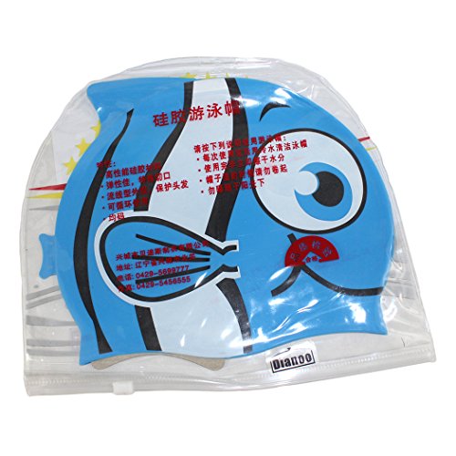 Dianoo Children’s Waterproof Earmuffs Swim Cap with High Quality Silicone Cartoon Pattern Swimming Cap Children Swimming Cap（Blue + small eye fish） - Thumbnail 3