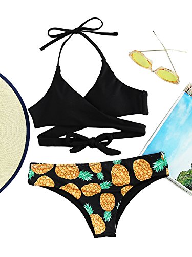 SOLYHUX Women's Floral Halter Wrap Knotted Back Bikini Set Black M