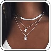 Erimberate Bohemian Layered Moon Pendant Necklace Tree of Life Necklace Chain Snake Chain Necklace Silver Flat Snake Herringbone Choker Necklace Geometric Circle Necklace Chain Jewelry for Women